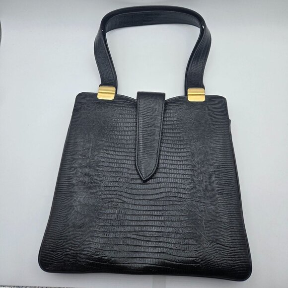 Vintage Black Faux Croc Embossed Shoulder Bag Lady Like Old Money - Picture 3 of 12